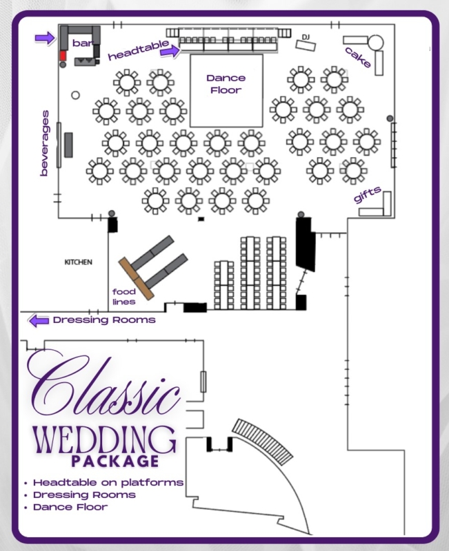 Floor plan of the Cambridge/Smith Rooms and Atrium setup showing dining tables, bar, and food station for the Classic Wedding Package at the Fairfield Arts & Convention Center.