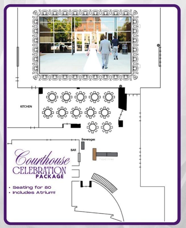 Compact floor plan showing a small reception layout in the Cambridge/Smith Rooms with bar and light food service for the Courthouse Celebration Package at the Fairfield Arts & Convention Center.