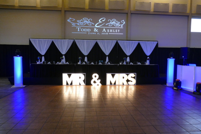 MR & MRS marquee lights in front of a wedding head table.