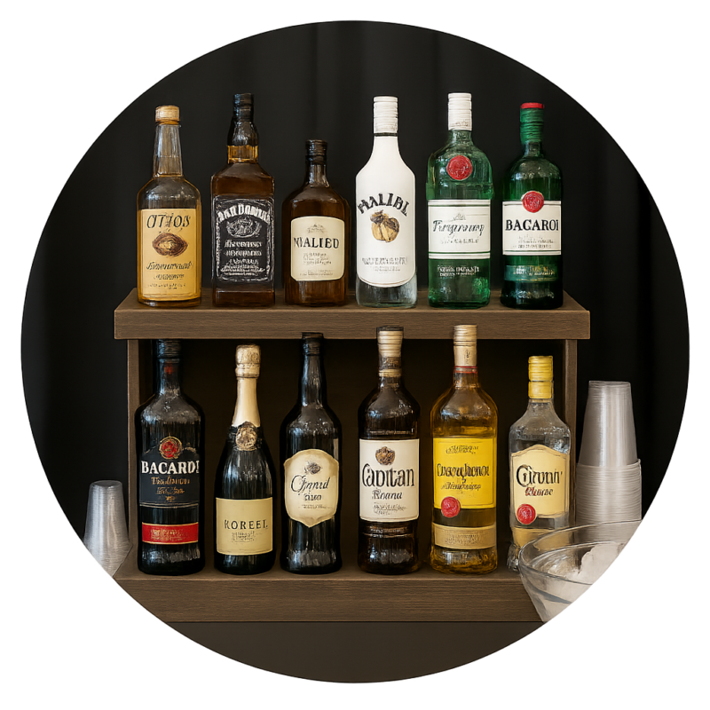 Premium liquor display at Fairfield Arts & Convention Center wedding bar, featuring recognizable spirits for hosted bar service.