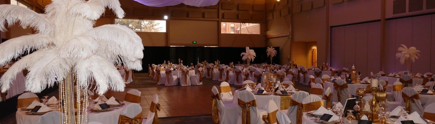 Wedding reception setup in the Expo Hall at the Fairfield Arts & Convention Center in Fairfield, Iowa.