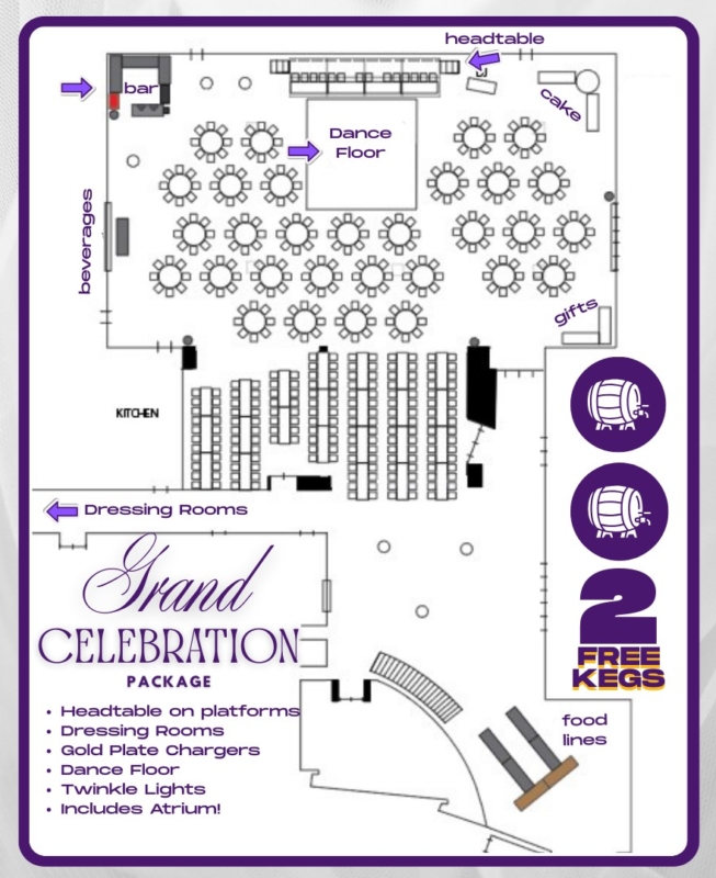 Floor plan layout showing the full Expo Hall, Cambridge/Smith Rooms, expanded Atrium, bar, dance floor, seating, and staging areas used in the Grand Celebration Package at the Fairfield Arts & Convention Center.